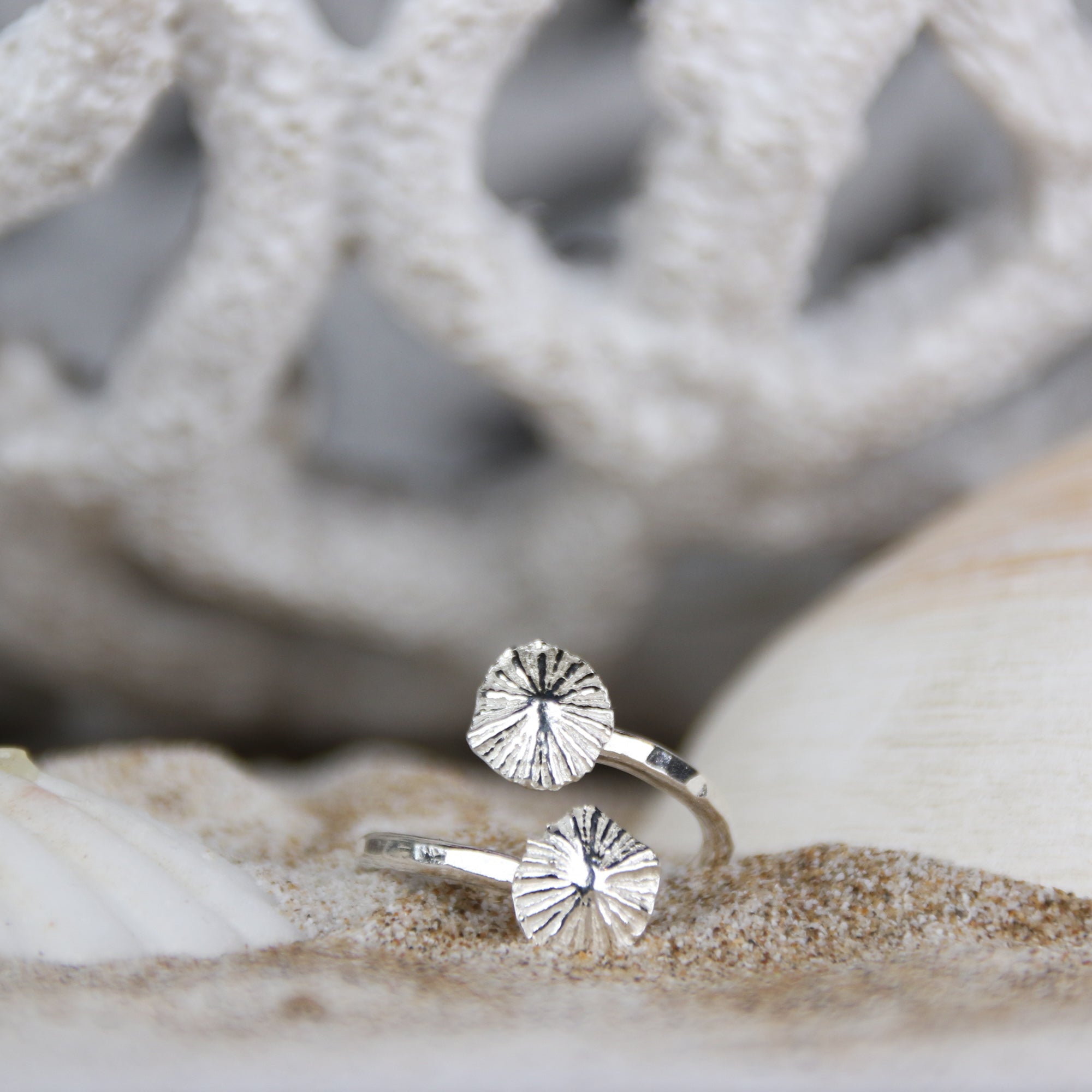 Shoreline - Saltwater Souls fine silver (.999) cast limpet shells found at Barricane Beach, North Devon, on a hammered effect recycled sterling silver adjustable ring.