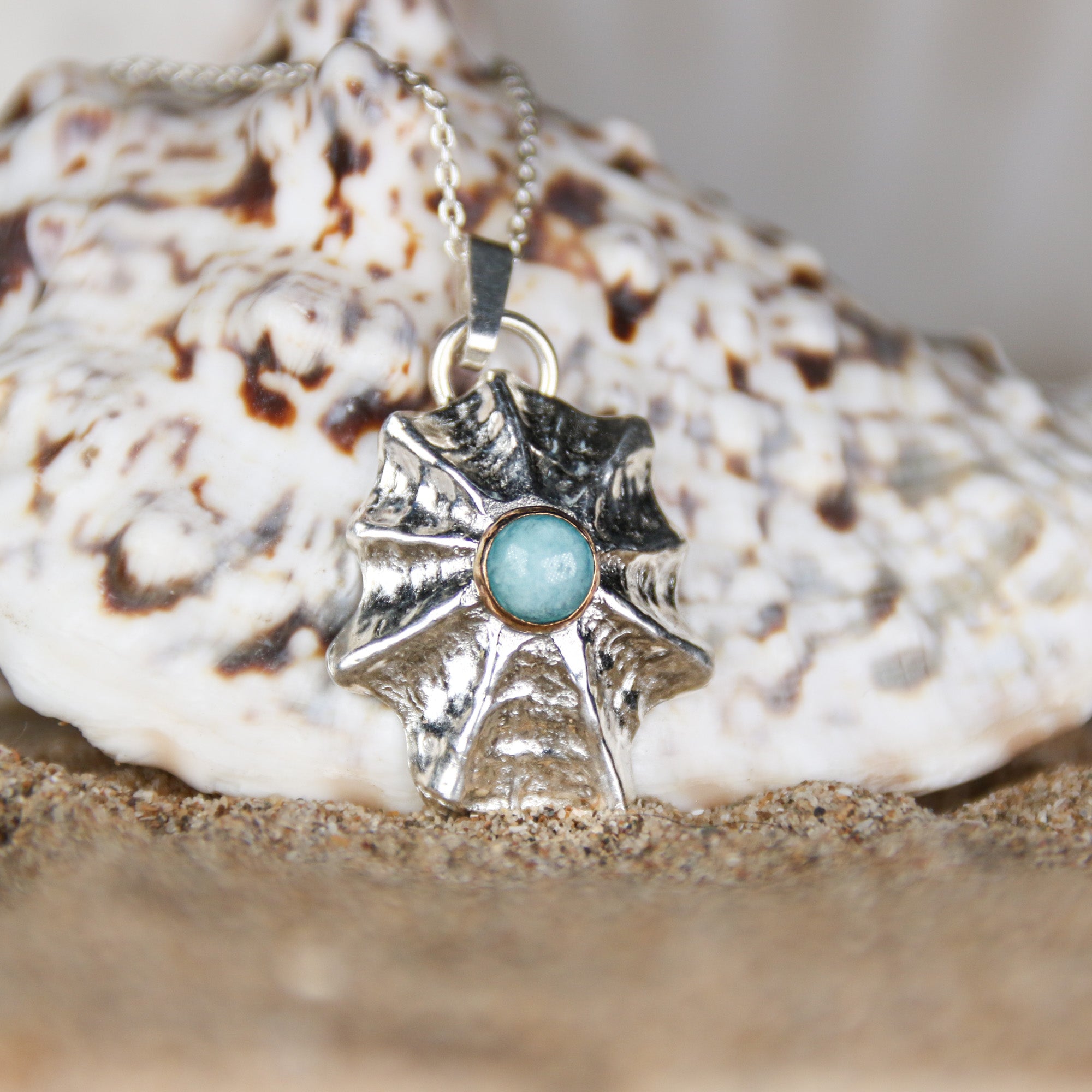 Siren's Song - Saltwater Souls fine silver (.999) limpet shell and amazonite in gold fill necklace.