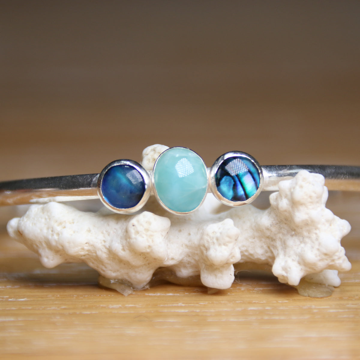 Tidal Pull - Saltwater Souls larimar and paua shell recycled sterling silver open back bangle.