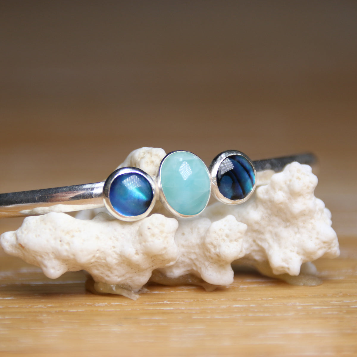Tidal Pull - Saltwater Souls larimar and paua shell recycled sterling silver open back bangle.