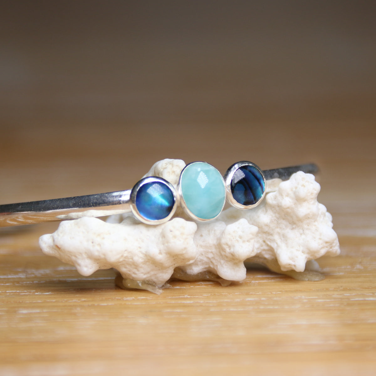 Tidal Pull - Saltwater Souls larimar and paua shell recycled sterling silver open back bangle.