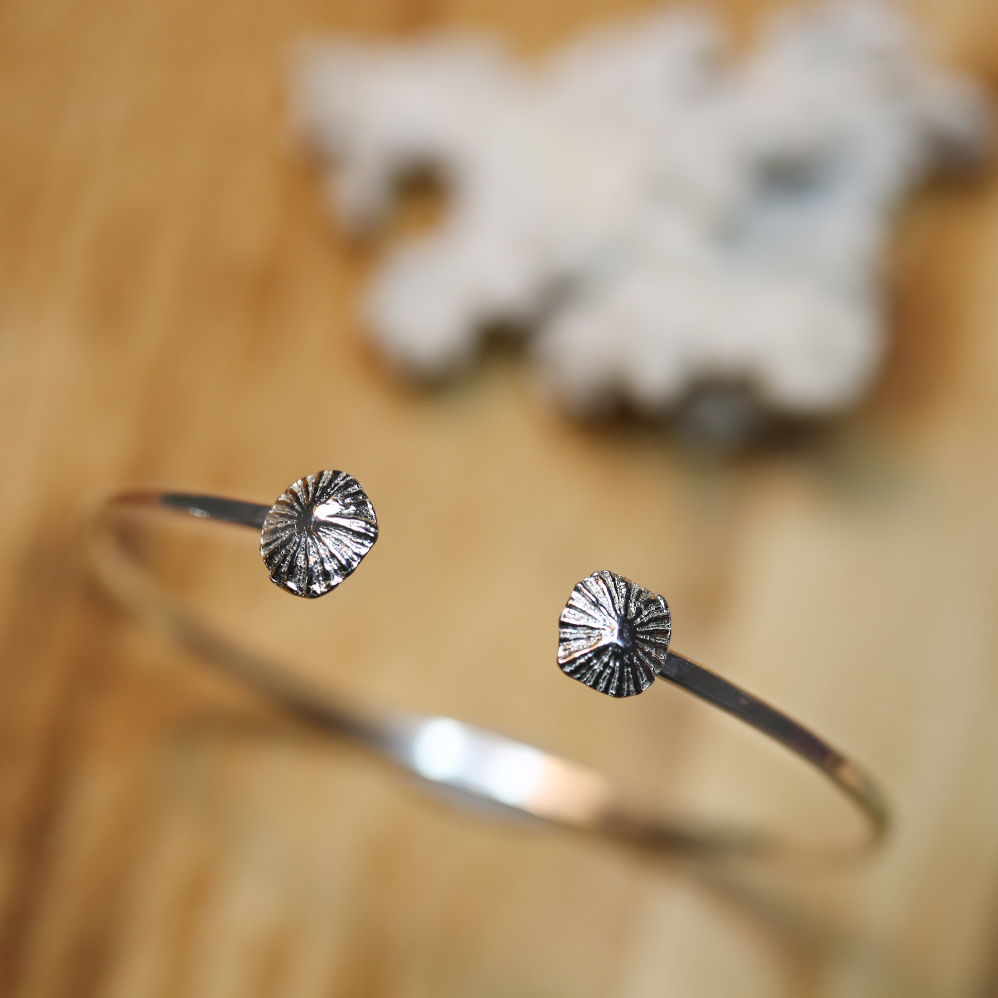 Beach Limpets - Saltwater Souls fine silver (.999) cast limpet shells on a hammered effect recycled sterling silver open bangle.