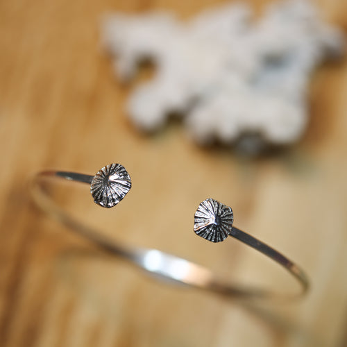Beach Limpets - Saltwater Souls fine silver (.999) cast limpet shells on a hammered effect recycled sterling silver open bangle.