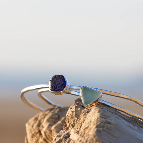 Blue Tides - Saltwater Souls sea glass hammered effect bangle, handcrafted with recycled sterling silver.
