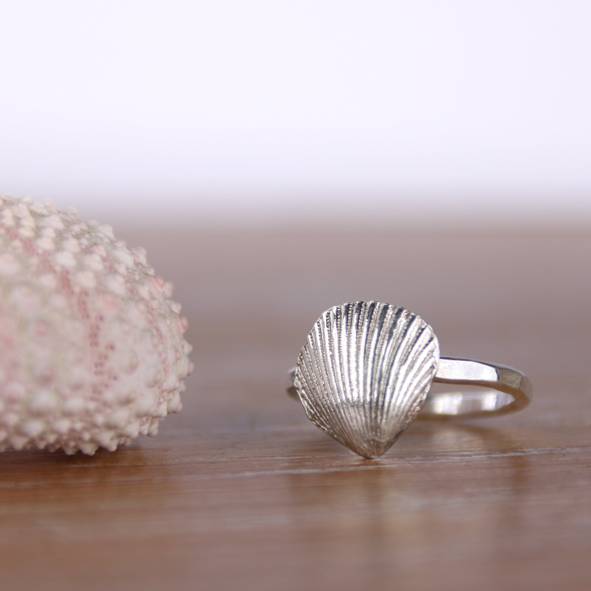 Mermaid's Song Ring- Saltwater Souls fine silver (.999) cast cockle shell on a hammered effect recycled sterling silver stacking ring.