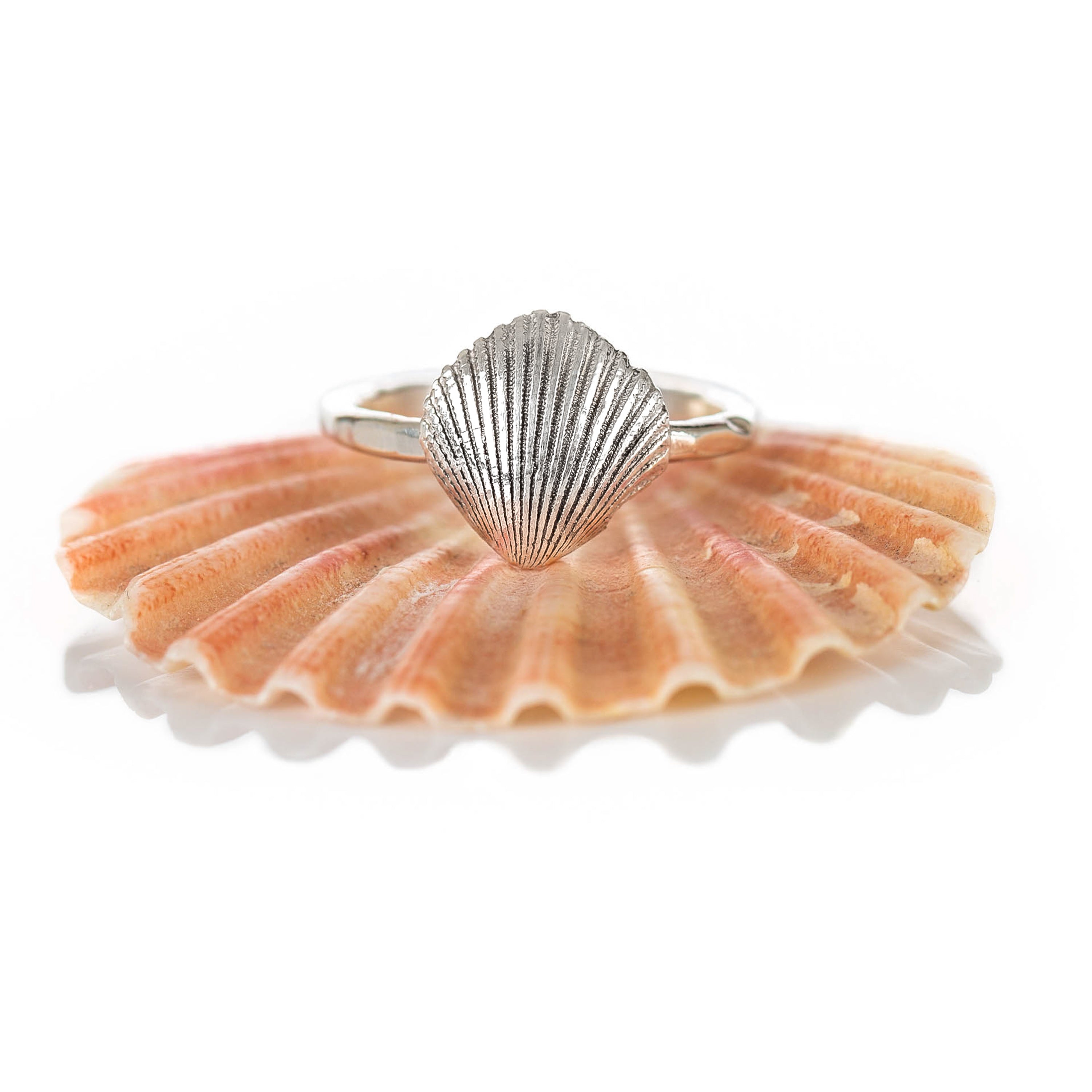 Mermaid's Song Ring- Saltwater Souls fine silver (.999) cast cockle shell on a hammered effect recycled sterling silver stacking ring.