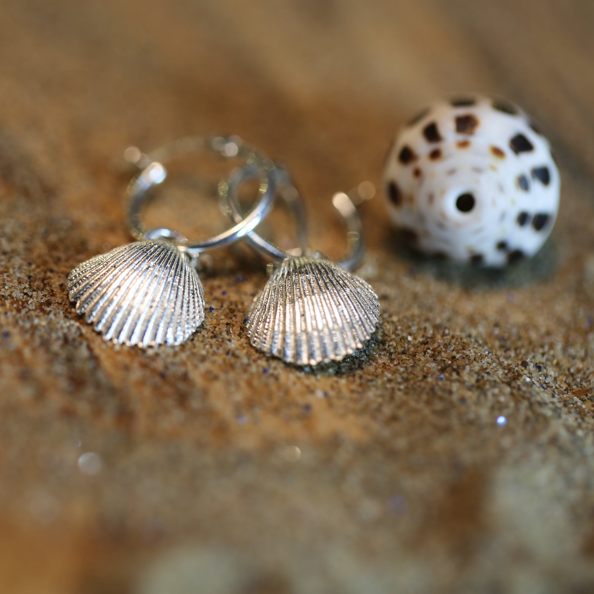 Mermaid's Song Hoops - Saltwater Souls fine silver (.999) cast cockle shell delicate sterling silver hoop earrings.
