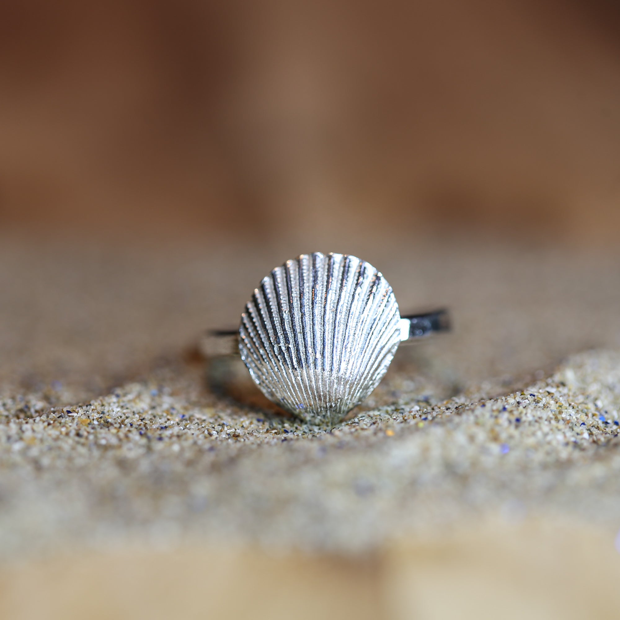 Mermaid's Song Ring- Saltwater Souls fine silver (.999) cast cockle shell on a hammered effect recycled sterling silver stacking ring.