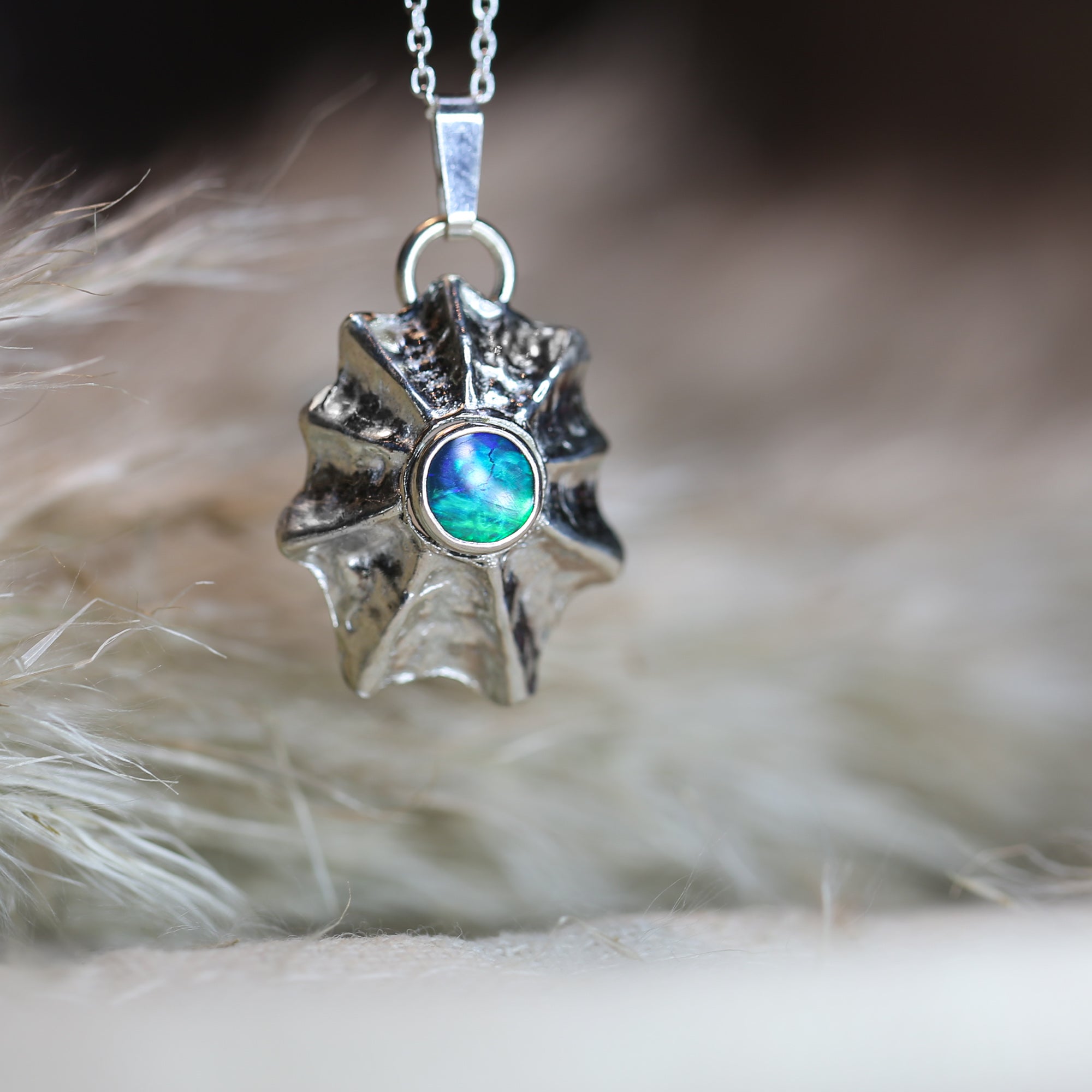 Reef Secrets - Saltwater Souls fine silver (.999) limpet shell and Australian opal necklace.