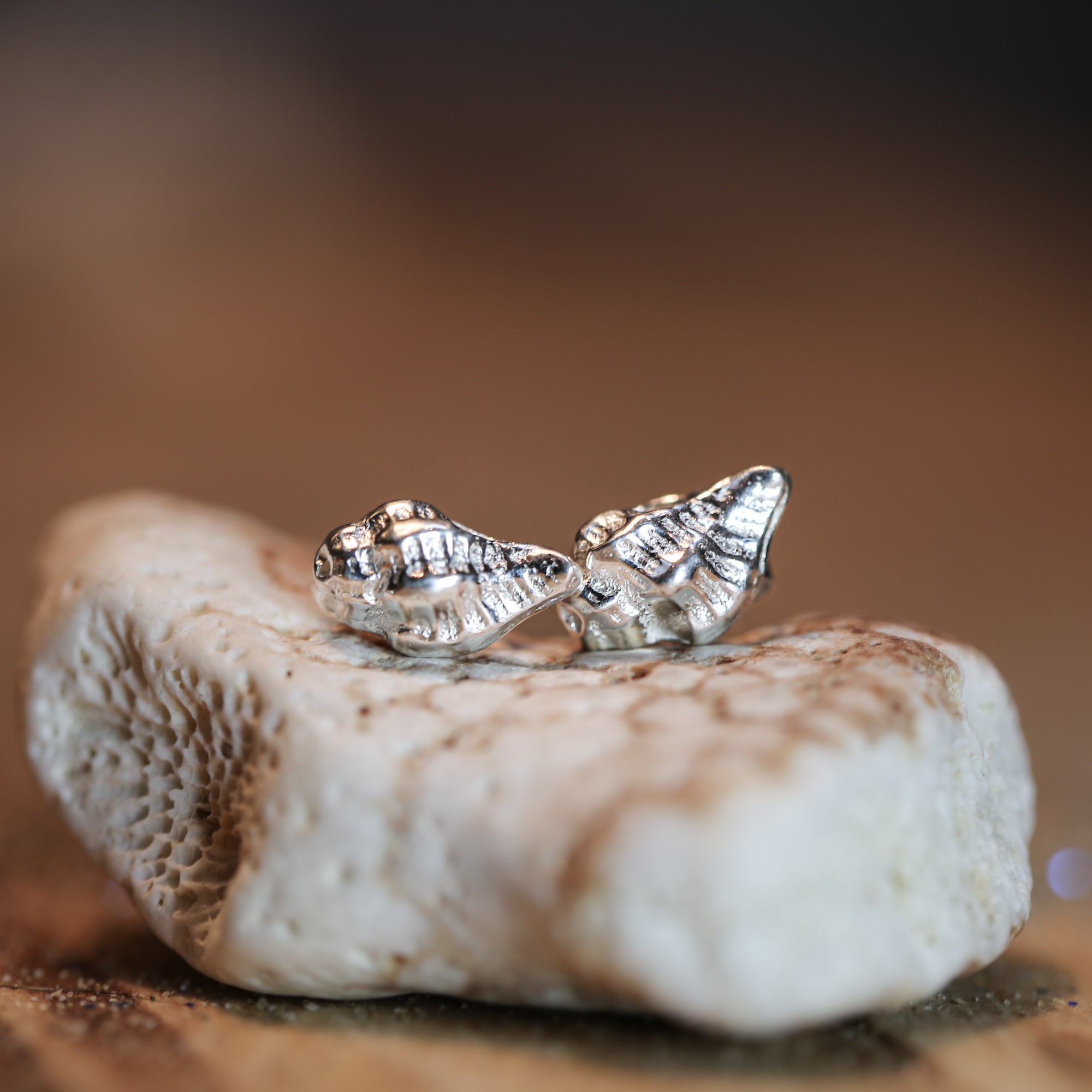 Rockpool Studs - Two beautiful sea shells found at Newberry Beach, Combe Martin, North Devon, cast in fine silver (0.999) creating a unique pair of studs.