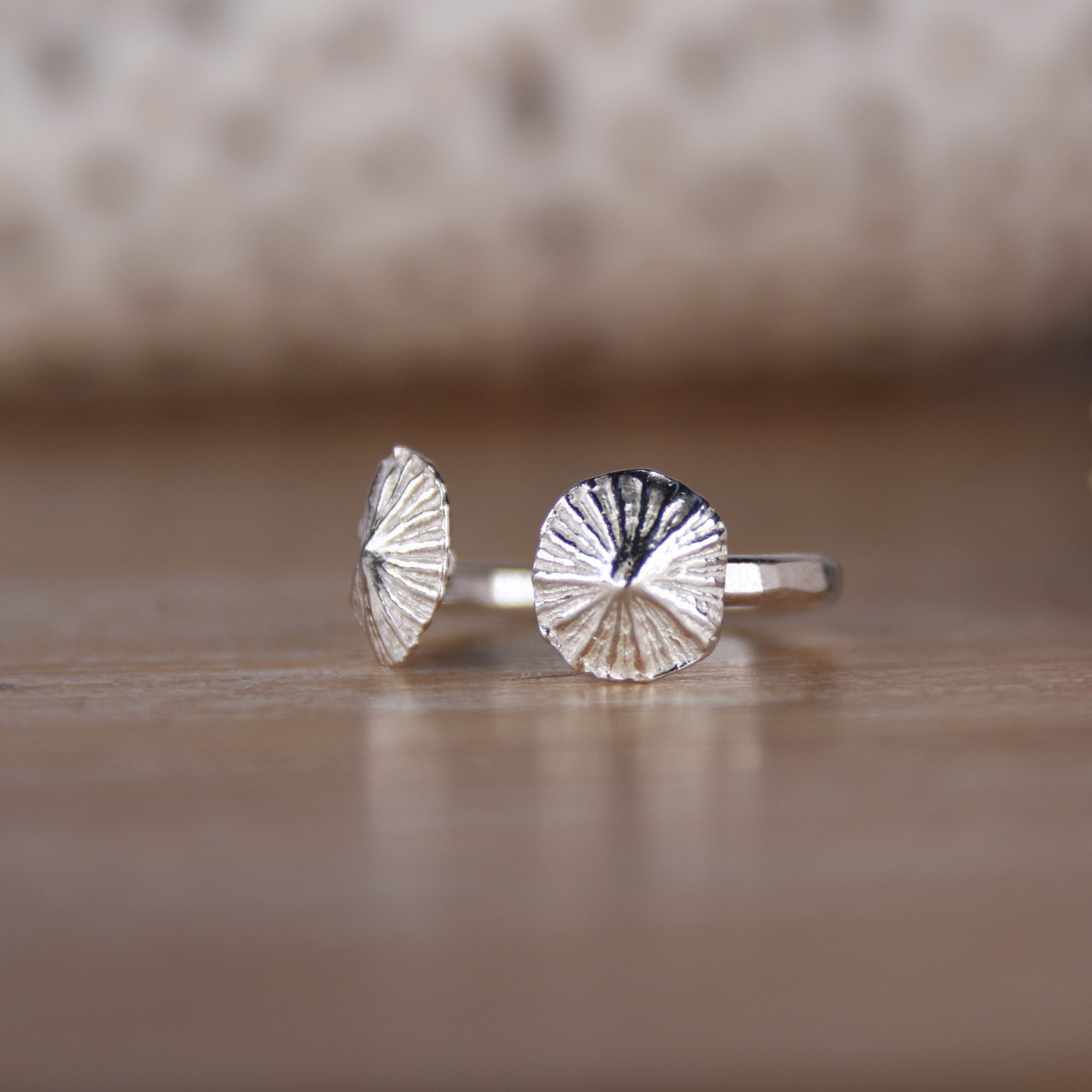 Seashells - Limpets - Saltwater Souls fine silver (.999) cast limpet shells found at Barricane Beach, North Devon, on recycled sterling silver open adjustable ring.