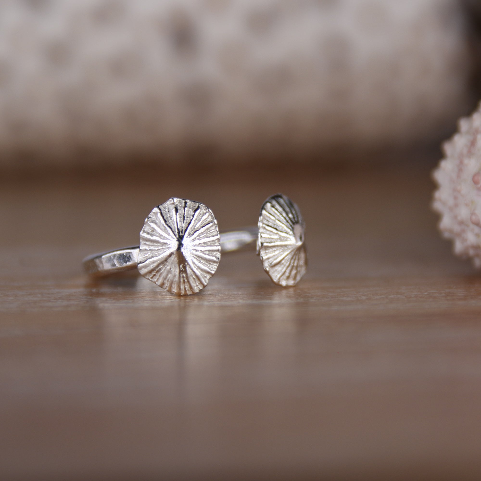 Seashells - Limpets - Saltwater Souls fine silver (.999) cast limpet shells found at Barricane Beach, North Devon, on recycled sterling silver open adjustable ring.