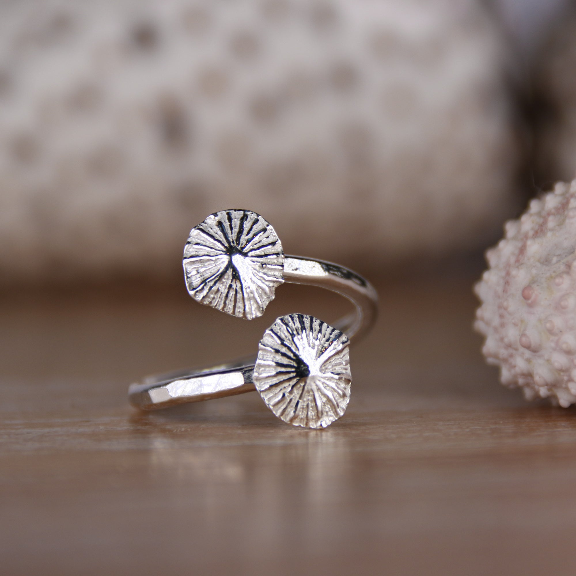 Shoreline - Saltwater Souls fine silver (.999) cast limpet shells found at Barricane Beach, North Devon, on a hammered effect recycled sterling silver adjustable ring.