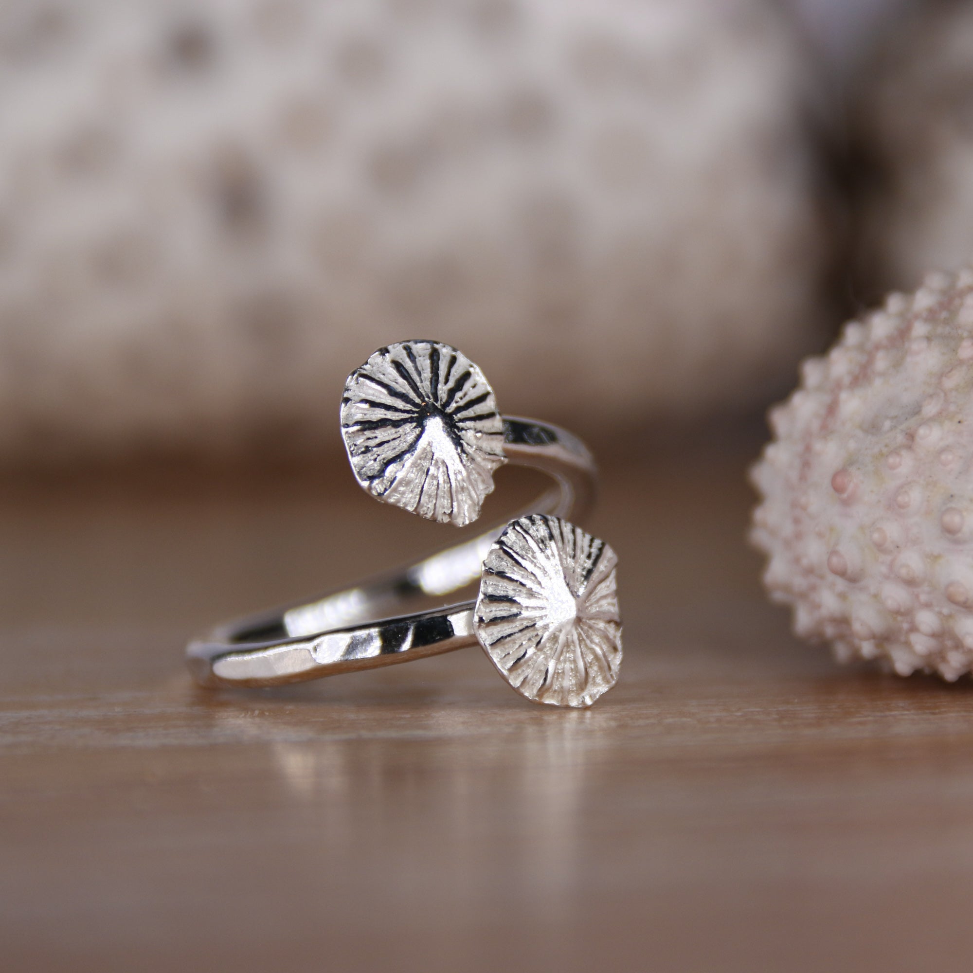Shoreline - Saltwater Souls fine silver (.999) cast limpet shells found at Barricane Beach, North Devon, on a hammered effect recycled sterling silver adjustable ring.