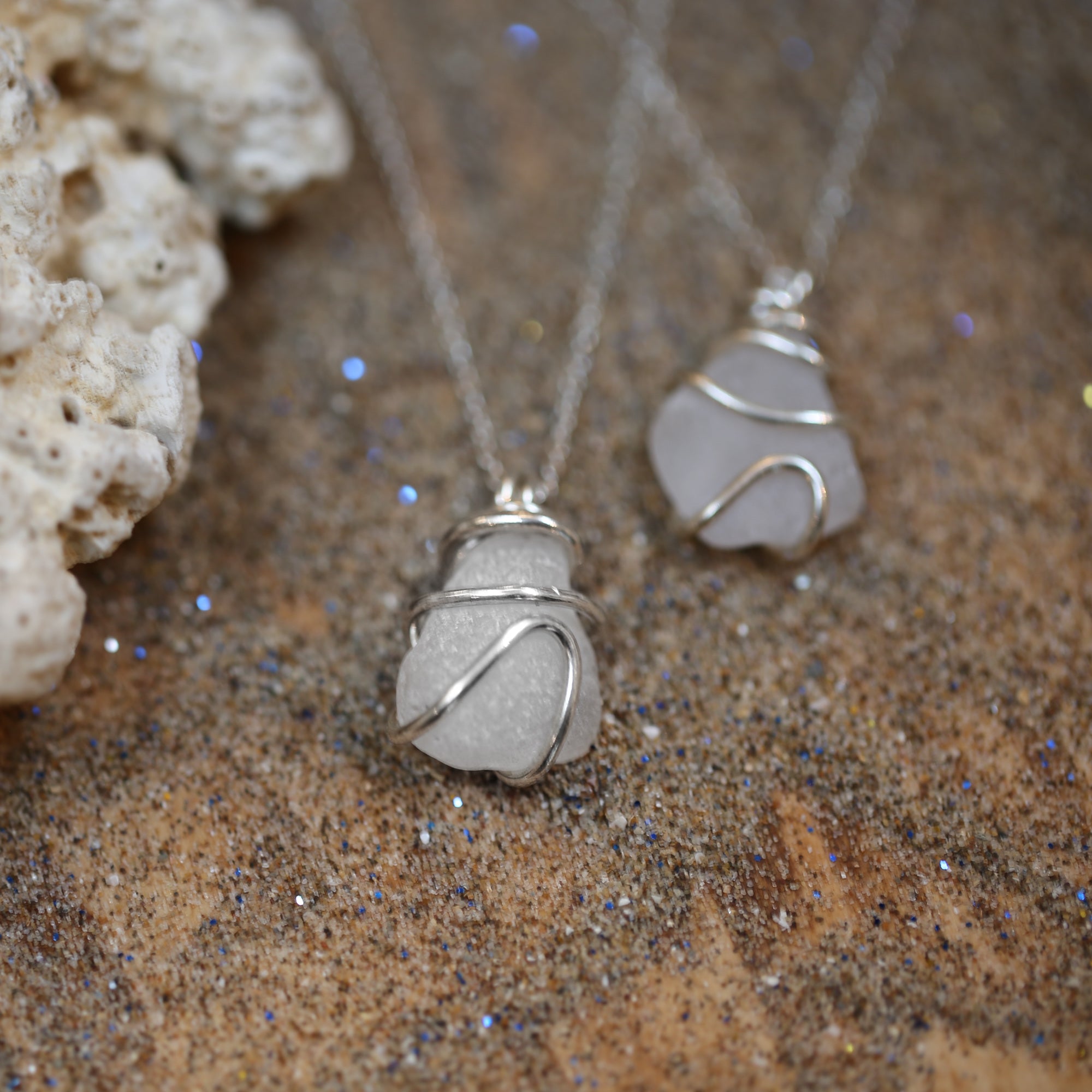 White Water - Saltwater Souls white sea glass wave wire wrapped necklace.