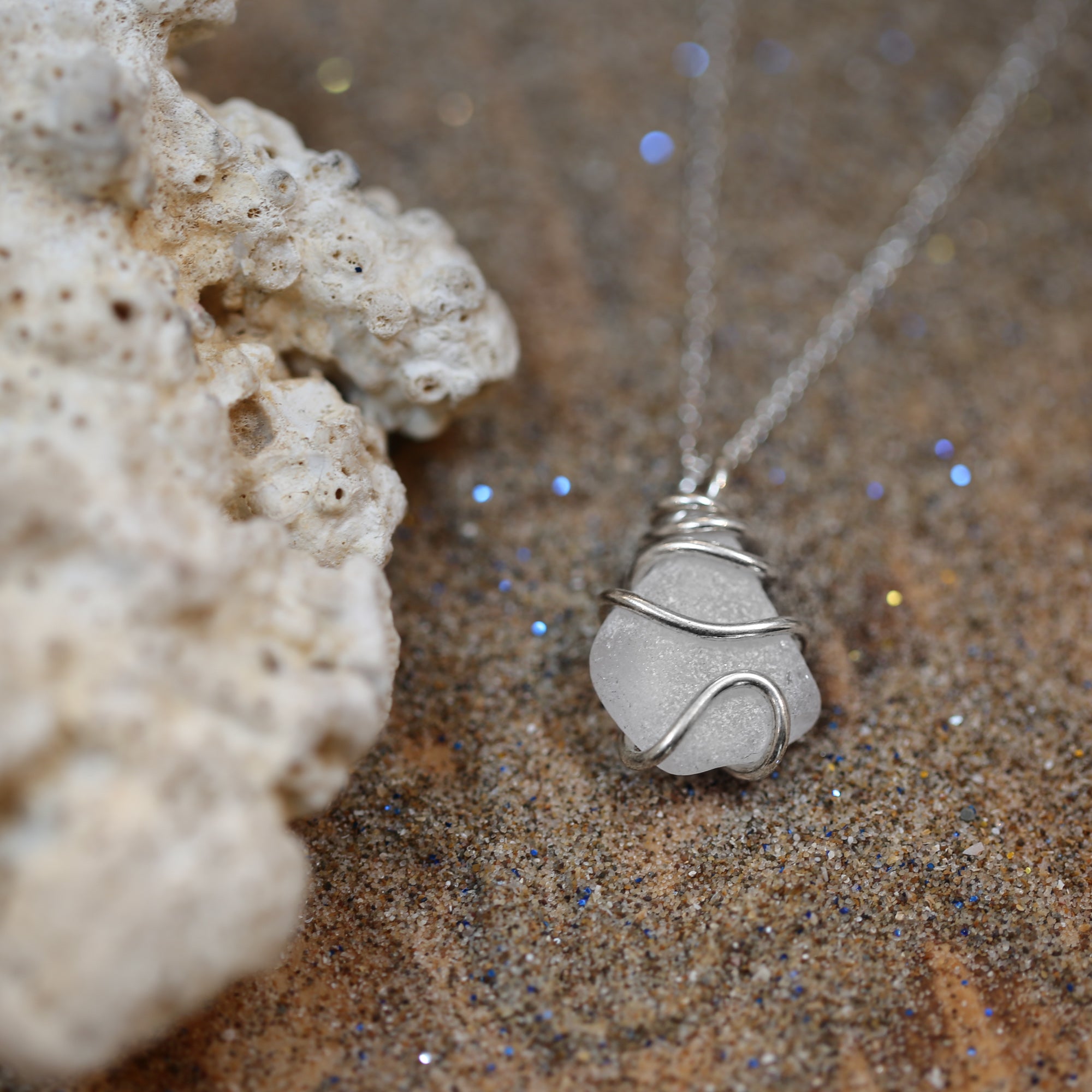 White Water - Saltwater Souls white sea glass wave wire wrapped necklace.